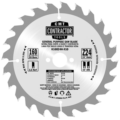 CMT - Contractor Pilový kotouč na dřevo - D160x2,2 d20 Z24 HM