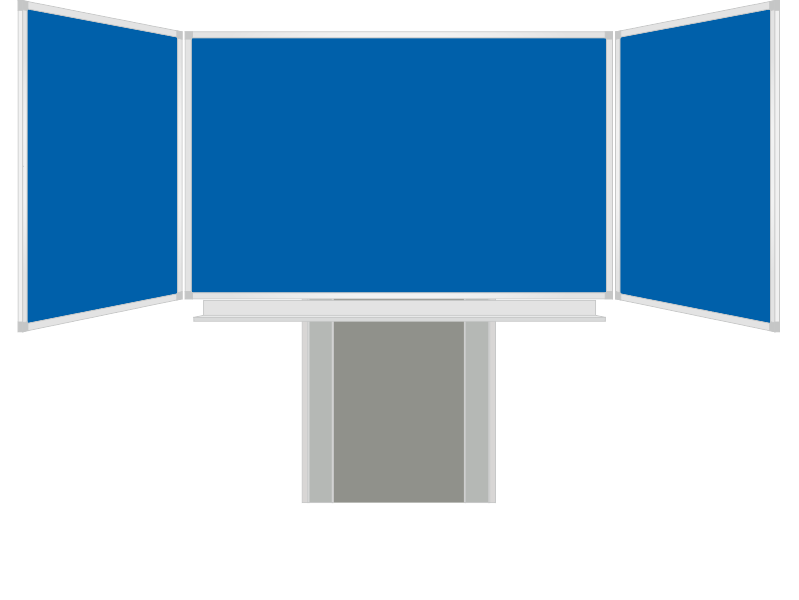 Třídílná keramická magnetická tabule Triptych 400/200x120 cm na zvedacím stojanu, modrá tabule, modrá křídla
