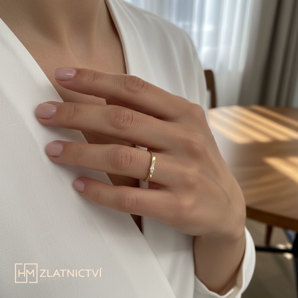 Netradiční zlatý prsten jemně osazený drobným zirkonem 2-3369