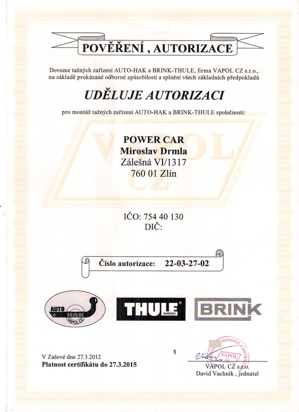Certifikát AUTOHAK, THULE, BRINK