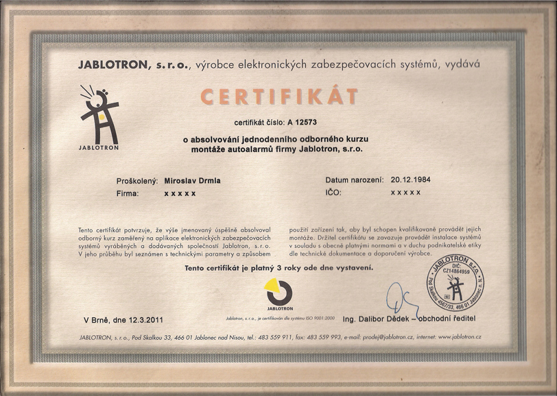Certifikát JABLOTRON s.r.o.