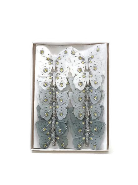 Dekorační motýl střední 8 cm, clip - MIX bílá, světle a tmavě šedá
