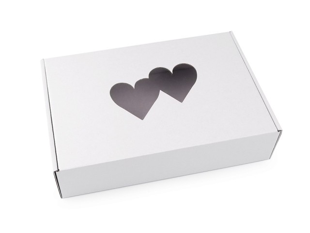 Papírová krabice s průhledem - srdce - bílá