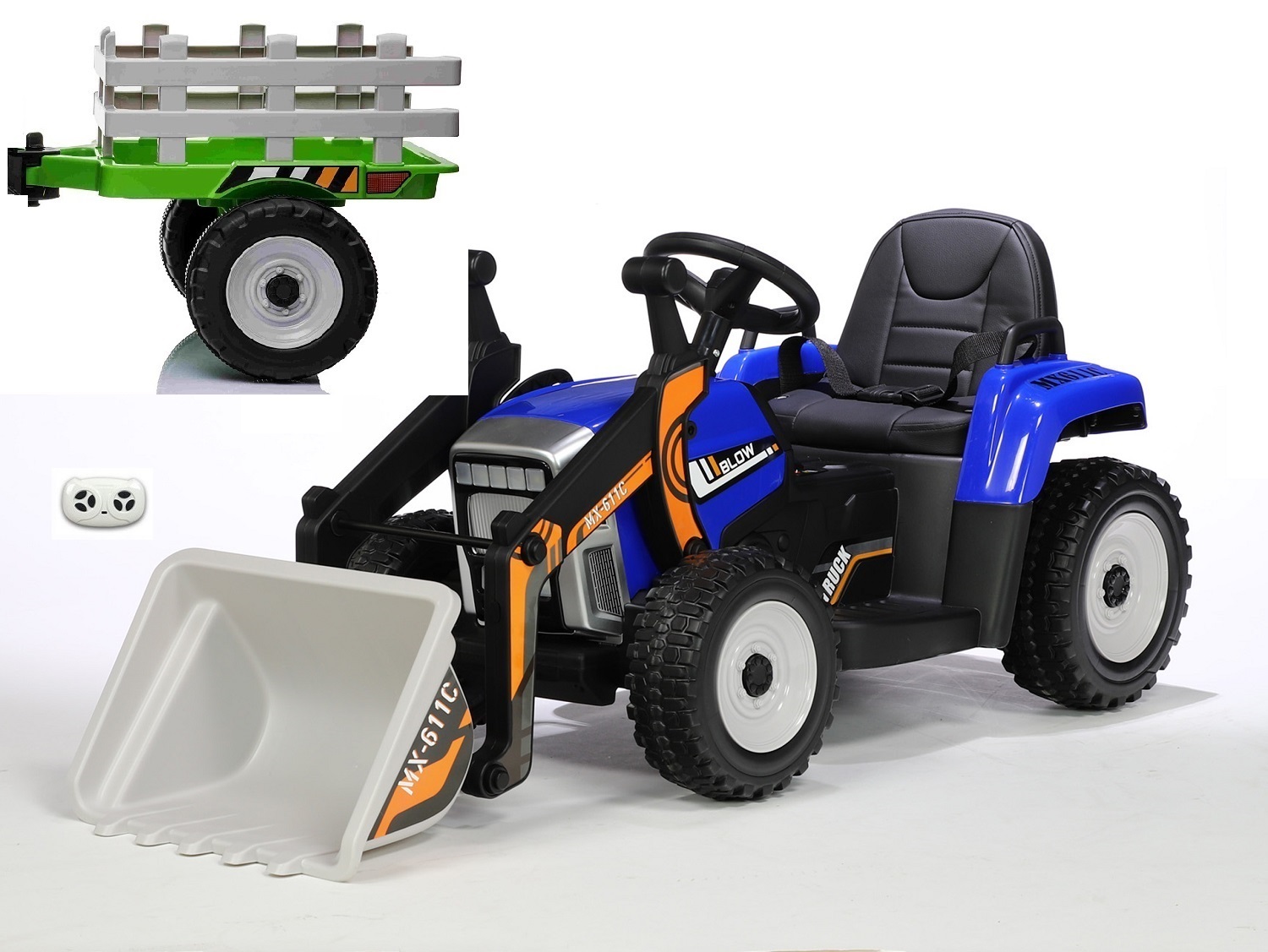 Dětský elektrický traktor s funkční nakládací lžící a vlekem, modrý