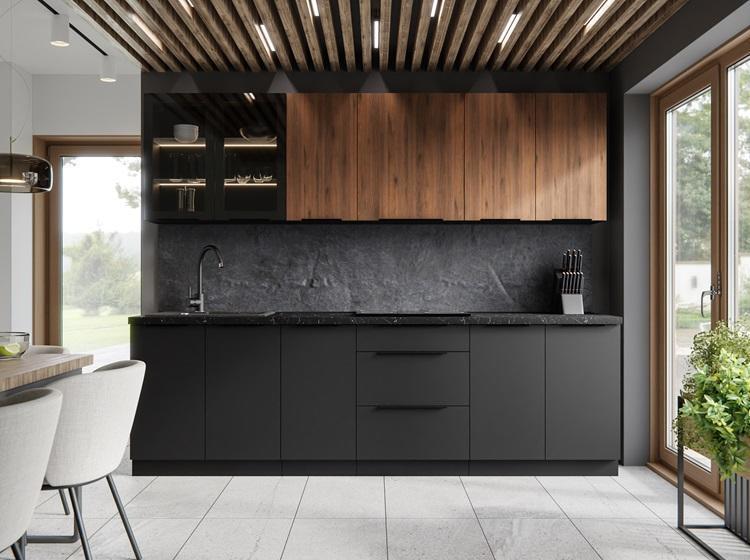 Kuchyňská linka Siena černý mat + Monza černý mat/ořech - 260 cm