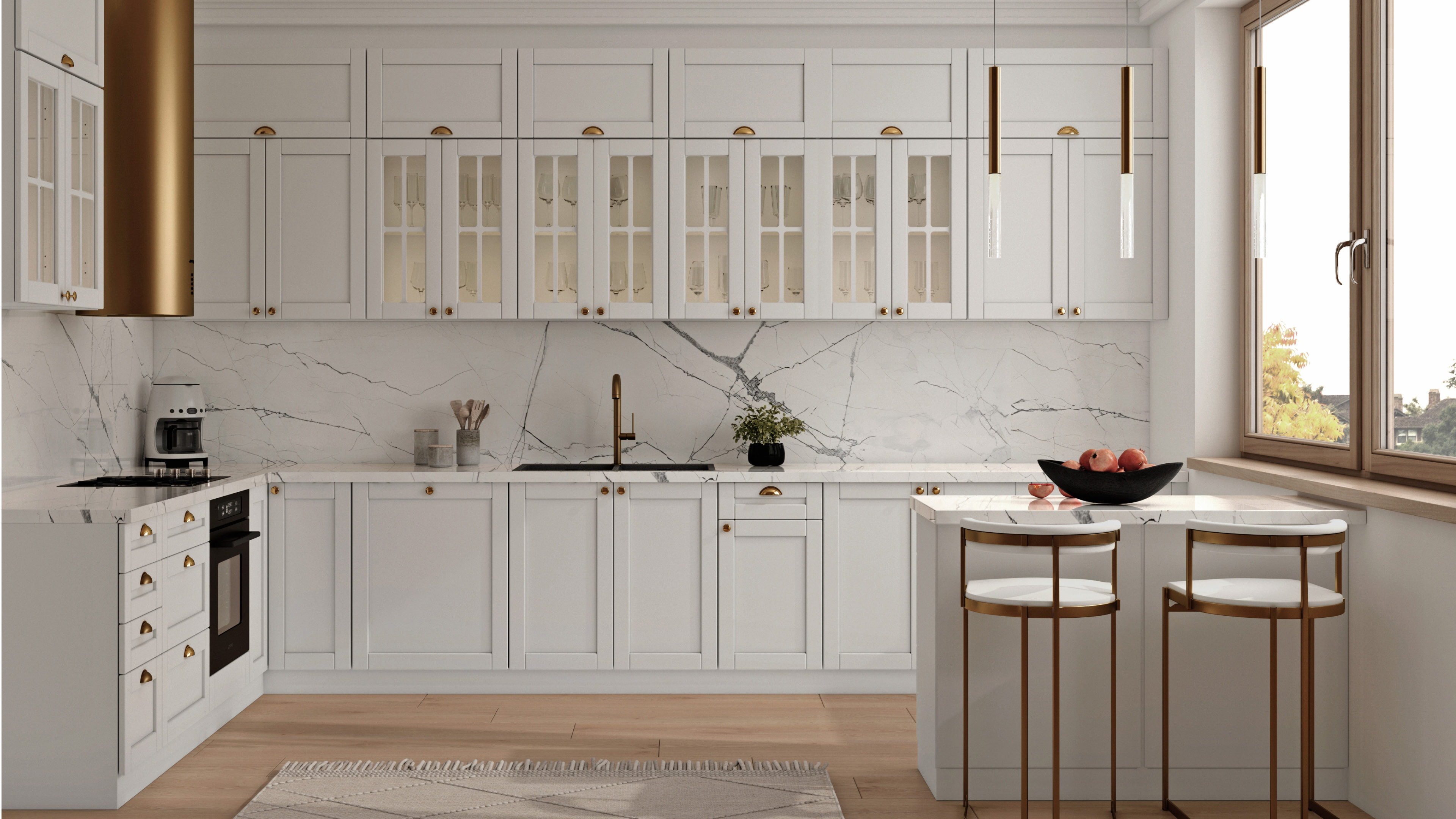 Kuchyňská linka Linea bílý mat - rohová - 400x219 cm