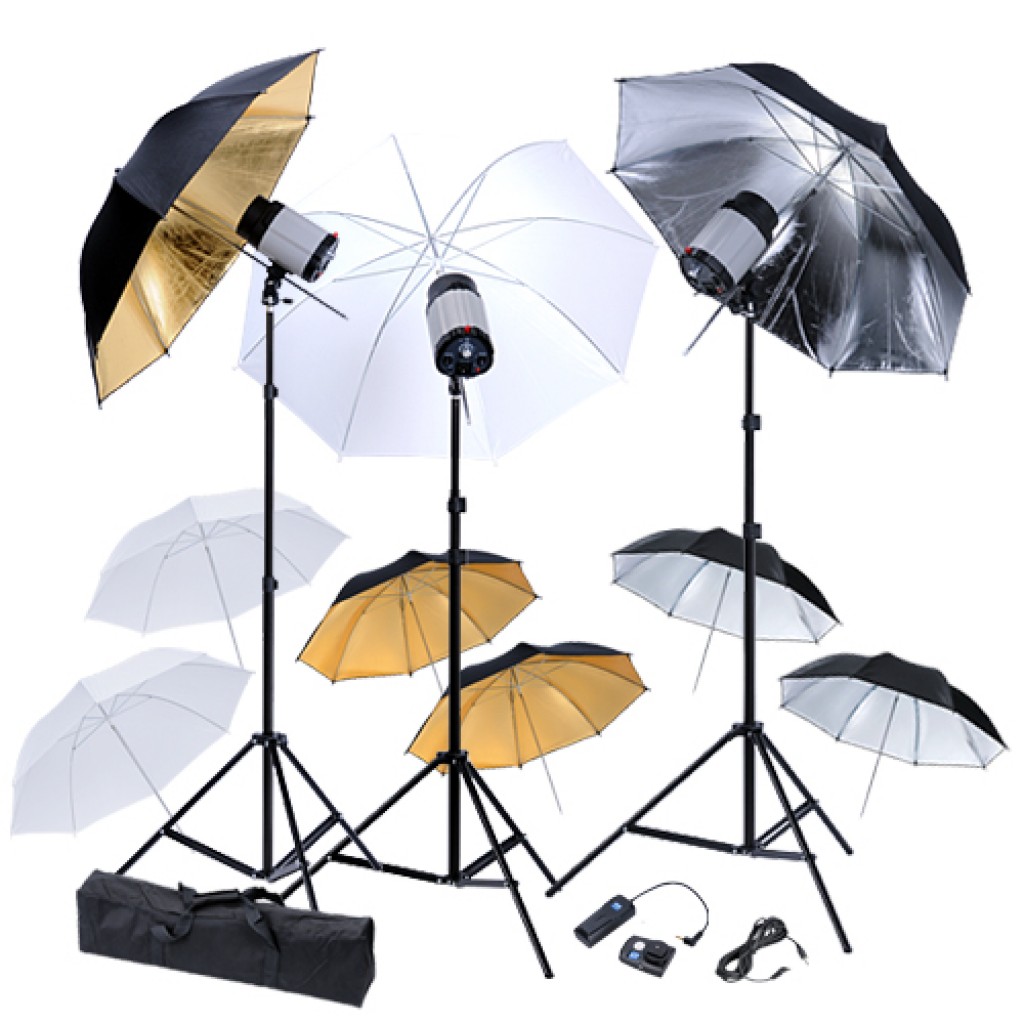 Foto studio set - 3x Blesk hlavy, 9x deštník, 3x stativ, odpalovač blesků