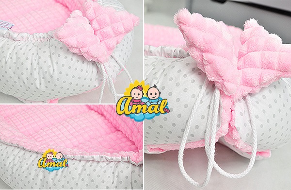 AMAL SET oboustranné hnízdo + polštářek MINKY, šedé + šedá a růžová srdce