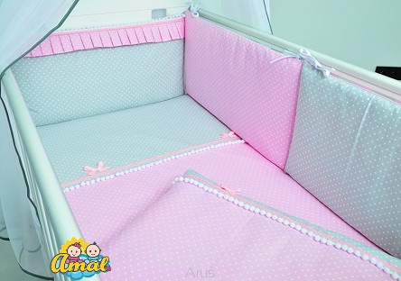 AMAL 7-dílná souprava do postýlky SWEET, růžové kuličky s bambulkami, 120x90 cm