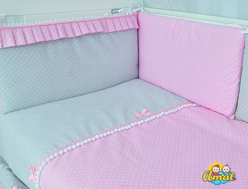AMAL 2-dílná souprava do postýlky SWEET, růžové kuličky s bambulkami, 120x90 cm