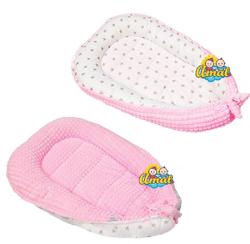 AMAL oboustranné hnízdo pro miminko MINKY, růžové + šedé hvězdičky