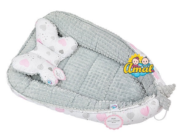 AMAL SET oboustranné hnízdo + polštářek MINKY, šedé + šedá a růžová srdce