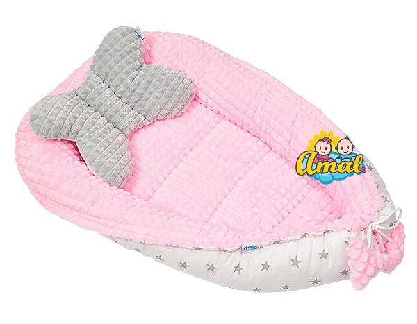 AMAL SET oboustranné hnízdo + polštářek MINKY, růžové + šedé hvězdičky