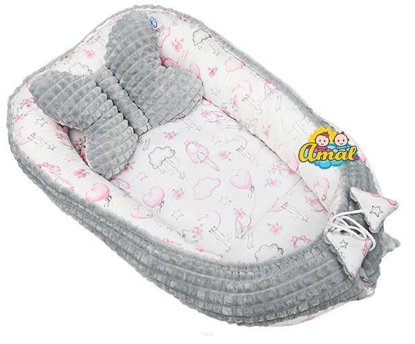 AMAL SET: oboustranné hnízdo + polštářek motýlek MINKY, šedé + panenky