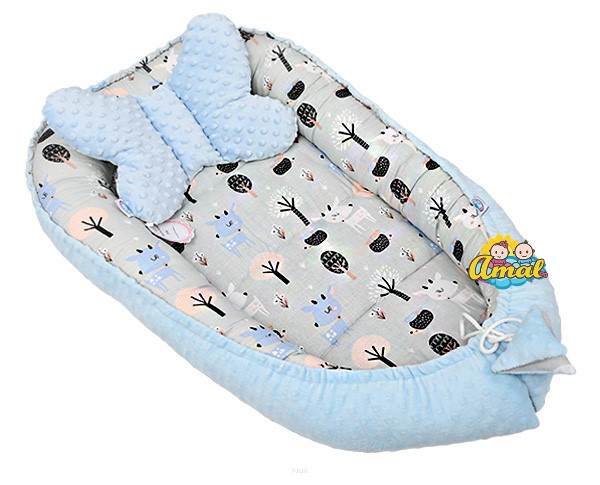 AMAL SET: oboustranné hnízdo + polštářek motýlek MINKY, modré + modré jelenčeky