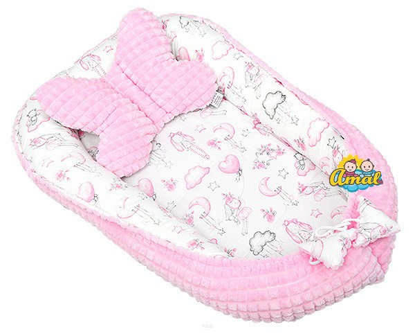 AMAL SET: oboustranné hnízdo + polštářek motýlek MINKY, růžové + panenky