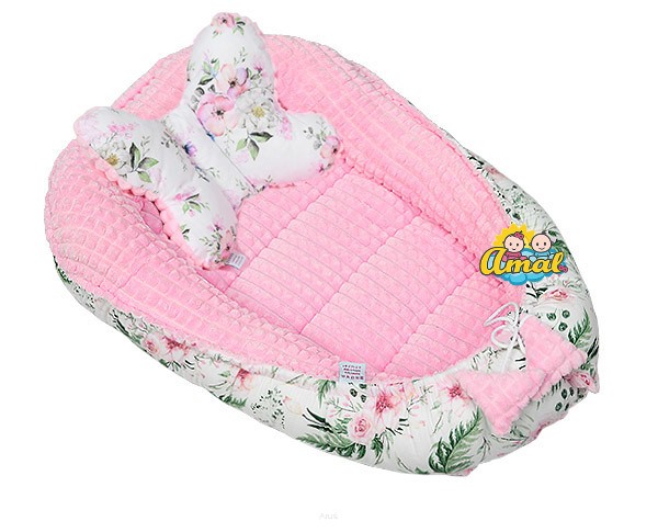 AMAL SET: oboustranné hnízdo + polštářek motýlek MINKY, růžová + růžová zahrada