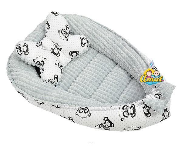 AMAL SET: oboustranné hnízdo + polštářek motýlek MINKY, šedé + černé pandy