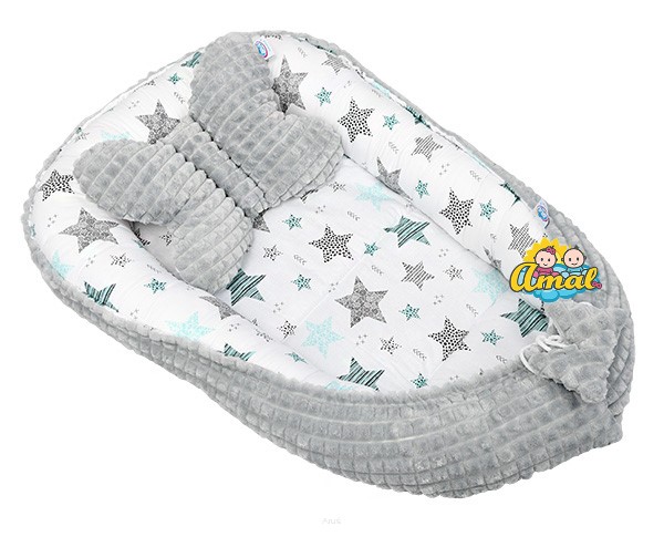 AMAL SET: oboustranné hnízdo + polštářek motýlek MINKY, šedé + mátové hvězdy