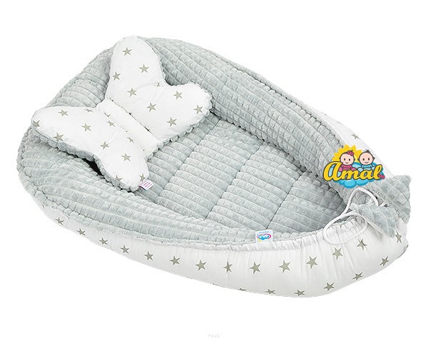 AMAL SET: oboutranné hnízdo + polštářek motýlek MINKY, šedá + šedé hvězdy