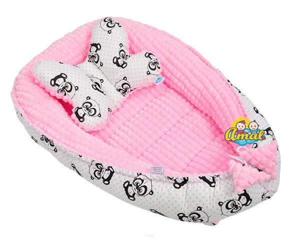 AMAL SET: oboustranné hnízdo + polštářek motýlek MINKY, růžové + černé pandy
