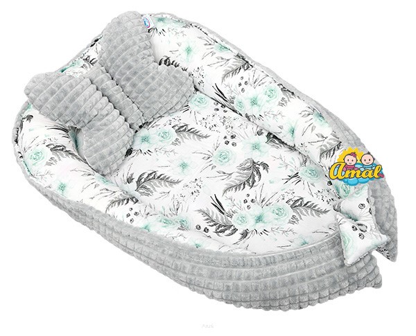 AMAL SET: oboustranné hnízdo + polštářek motýlek MINKY, šedé + mátová záhrada