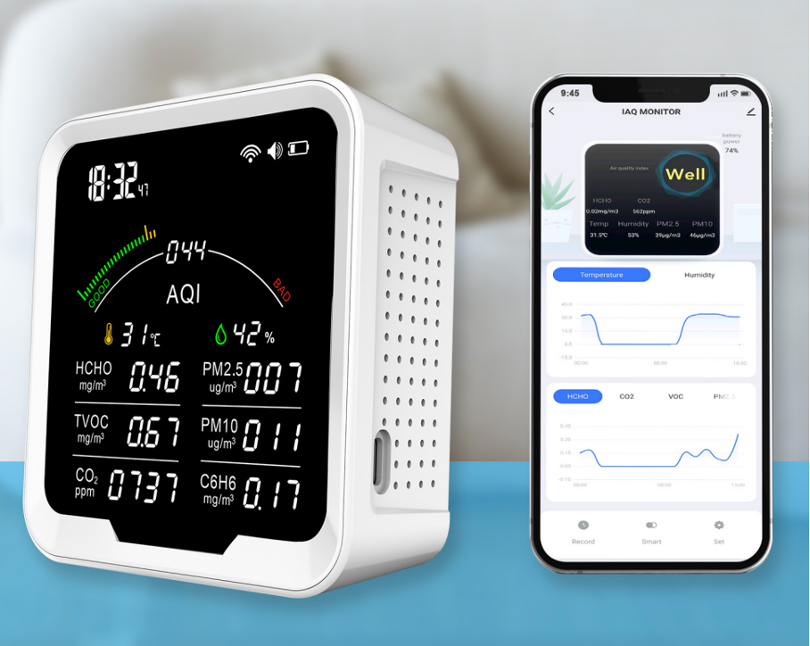 Wi-Fi SMART Detektor - komplexní měření kvality ovzduší - 6v1
