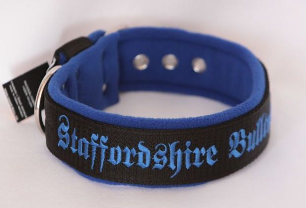 Obojek Staffordshire Bullterrier š.4cm černý+tm.modrý fleece