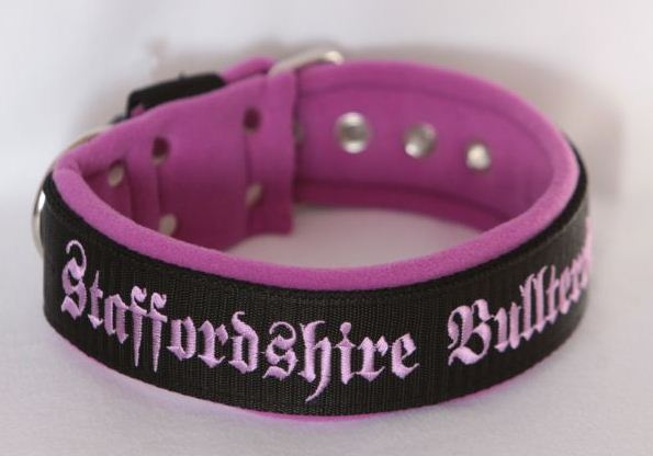 Obojek Staffordshire Bullterrier š.4cm černý+fialový fleece