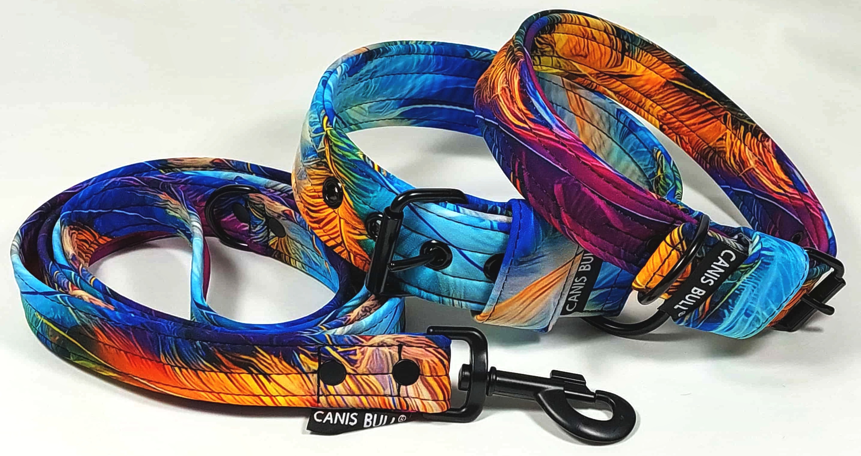 Crazy sada - Duhové peří - obojek 4cm, vodítko 1,5m