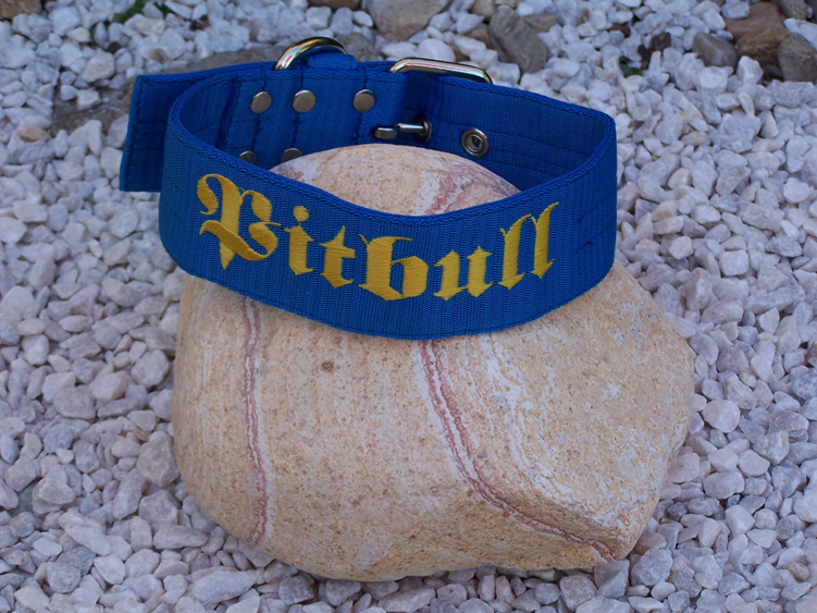 Obojek Pitbull,d 65cm/š 4cm, modrý,žluté písmo