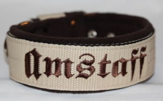 Obojek Amstaff š.5cm béžový, hnědé písmo+hnědý fleece