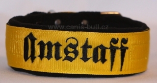 Obojek Amstaff š.4cm žlutý,černé písmo+černý fleece