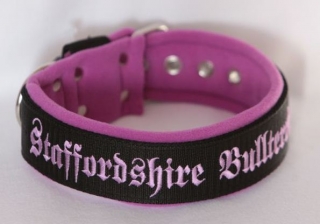 Obojek Staffordshire Bullterrier š.4cm černý+fialový fleece