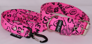 Crazy sada - Neon pink text - obojek 4cm, vodítko 1,5m
