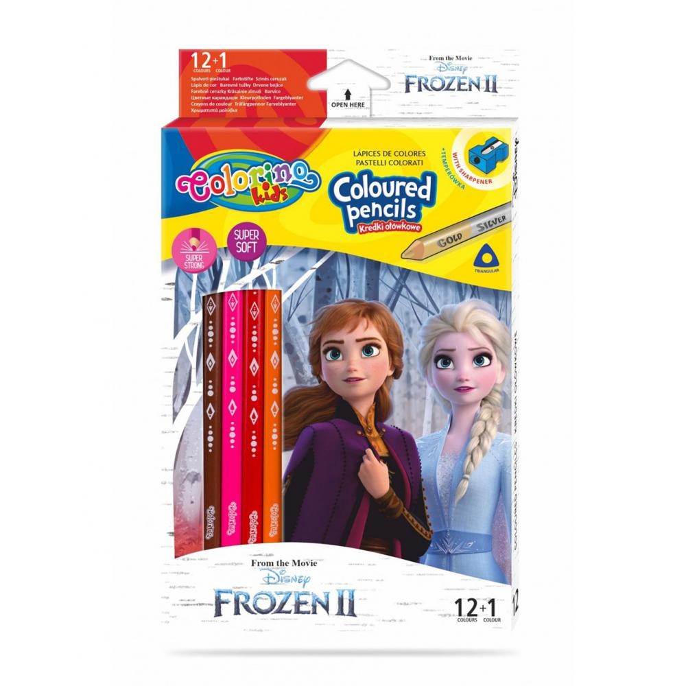 Pastelky trojhranné - Colorino - 12 barev + oboustr. stříbrná/zlatá + ořezávátko FROZEN