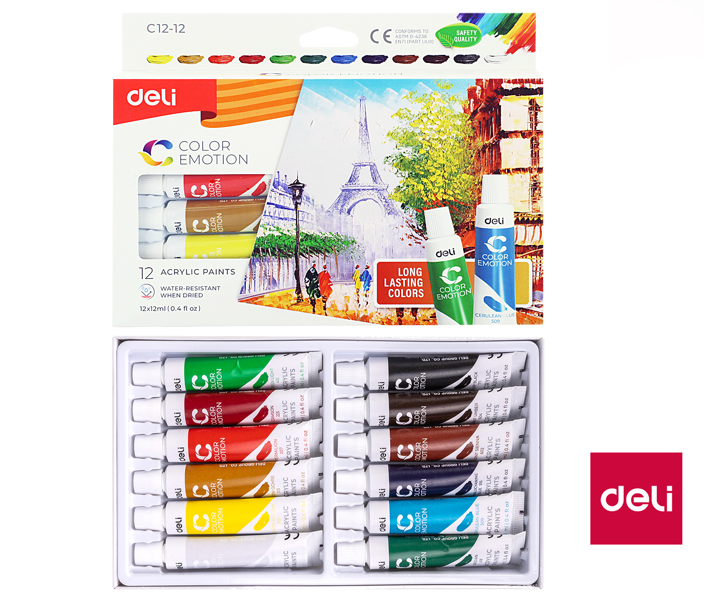 Akrylové barvy DELI 12 barev, 12 ml