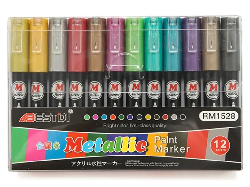 Popisovače akrylové 12 barev hrot 1-2 mm METALICKÉ