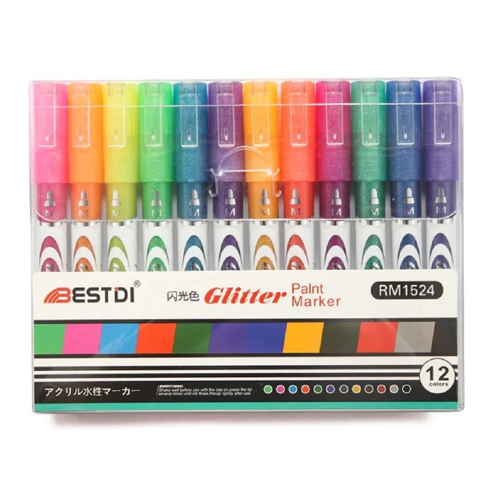 Popisovače akrylové 12 barev hrot 2-3mm GLITTER