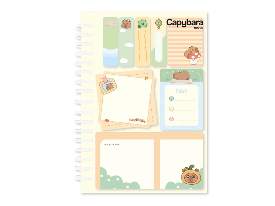 Samolepicí bloček capybara se spirálou set žlutý