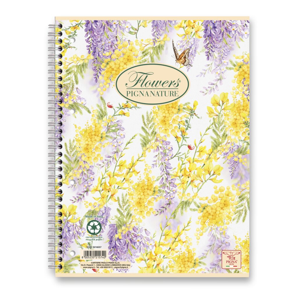 Kroužkový blok Pigna Nature Flowers - A4, čtverečkovaný, 60 listů Yellow