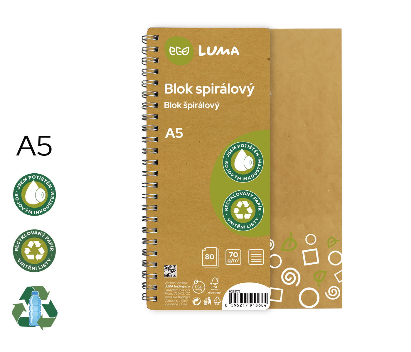 Blok spirála A5, 80 listů, ECO LUMA