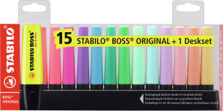 Zvýrazňovač - STABILO BOSS ORIGINAL - 15 ks deskset - 9 neonových a 6 pastelovýc