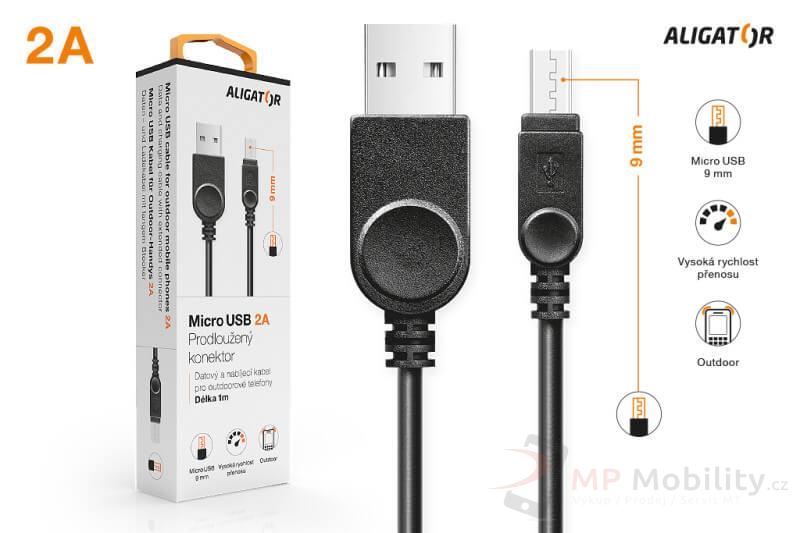 ALIGATOR DATOVÝ KABEL S PRODLOUŽENÝM MICROUSB KONEKTOREM, 2A, ČERNÝ