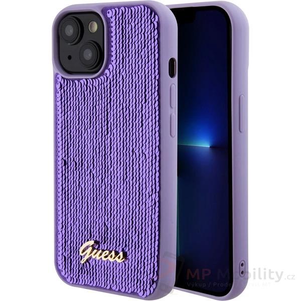 Guess Sequin Script Logo kryt iPhone 15 fialový
