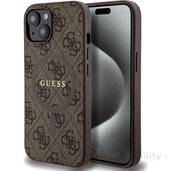 Guess PU Leather 4G Colored Ring MagSafe kryt iPhone 15 hnědý
