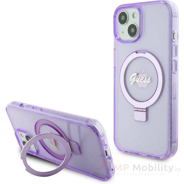 Guess IML Ring Stand Glitter MagSafe kryt iPhone 15 fialový