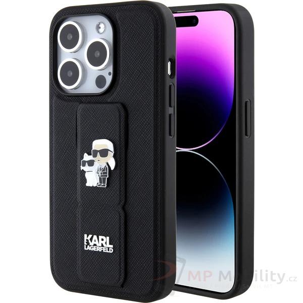 Karl Lagerfeld Saffiano Grip Stand Metal Logo kryt iPhone 15 Pro černý