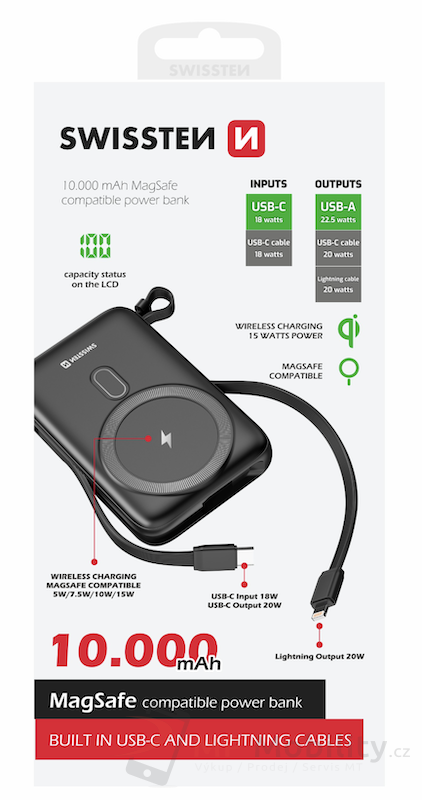 SWISSTEN Powerbanka 10000 mAh PD 20W s integrovanými kabely USB-C a Lightning (kompatibilní s MagSafe)