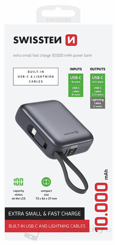 SWISSTEN POWER BANK 10000 mAh S INTEGROVANÝMI KABELY USB-C A LIGHTNING VESMÍRNĚ STŘÍBRNÁ